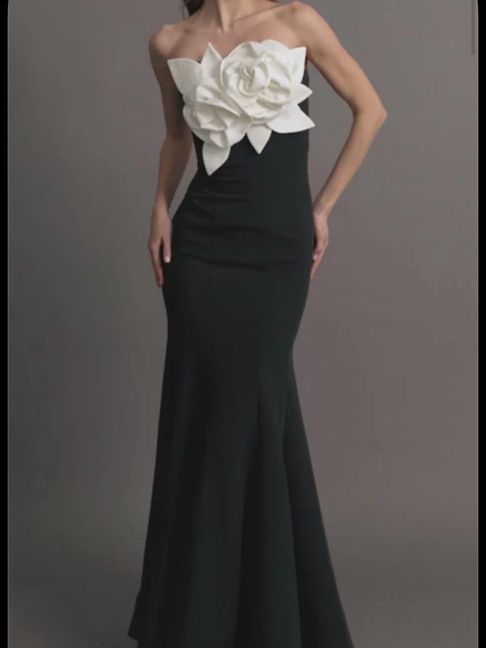 Mac Duggal Black Strapless Gown with White Floral Applique
